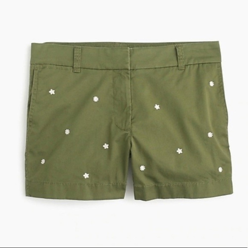 J.Crew Olive Green Daisy Embroidered Chino Shorts 8 Coquette Cottagecore Preppy